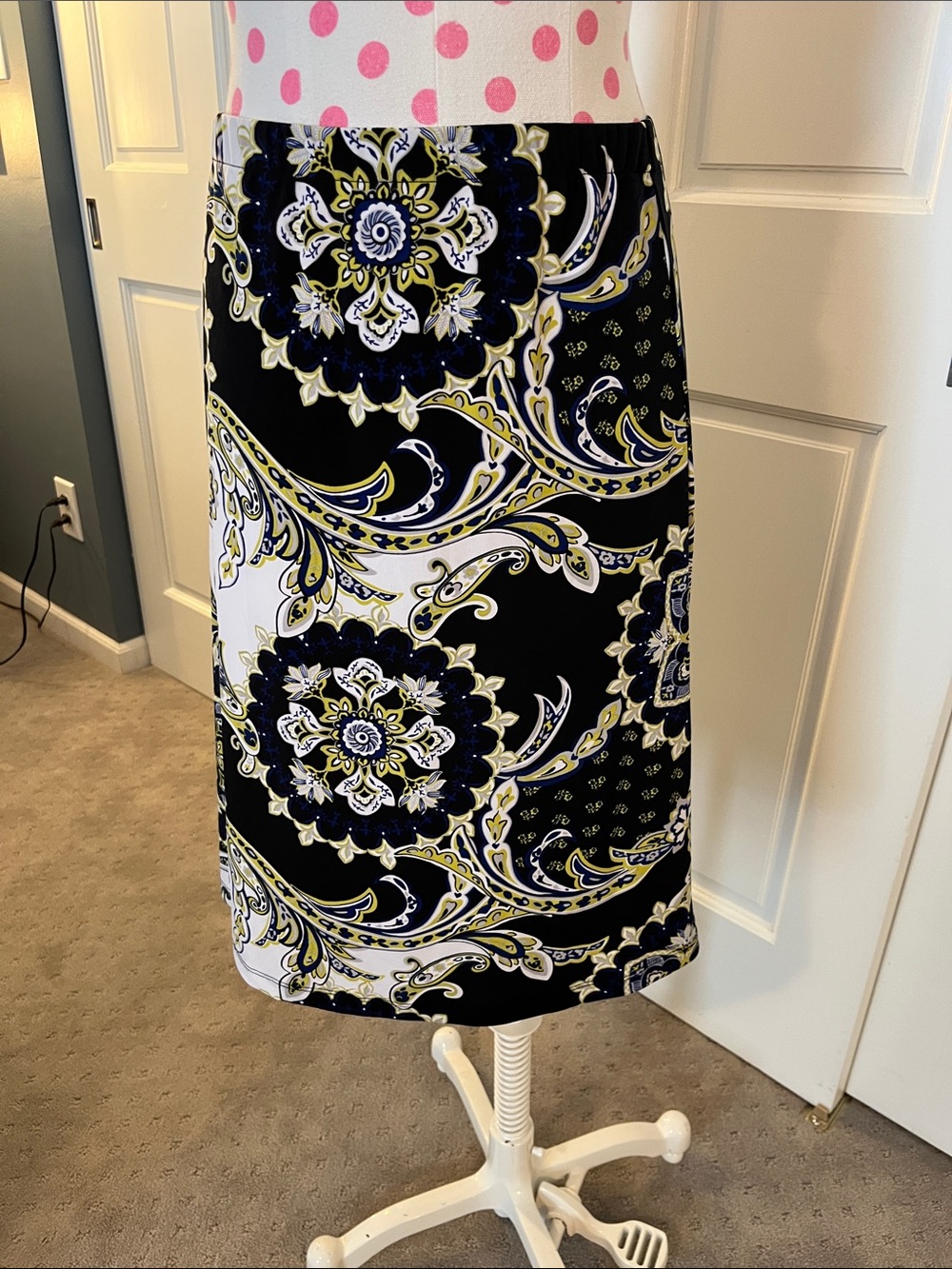 212 Collection Black Pencil Skirt with White, Yellow and Navy Scroll Print
